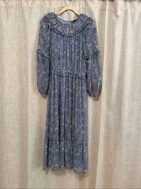 Current Air Blue Floral Ruffle-Trim Midi Dress
